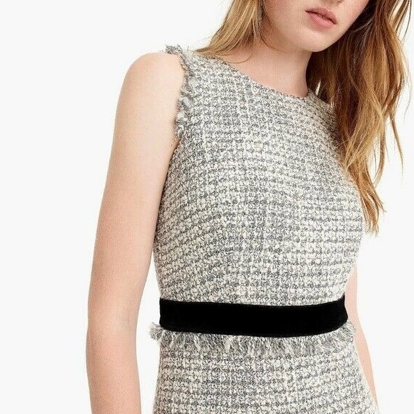 J. Crew Metallic and White Knit Tweed Fringe Velvet Trim Sheath Dress size 10p - Picture 2 of 16
